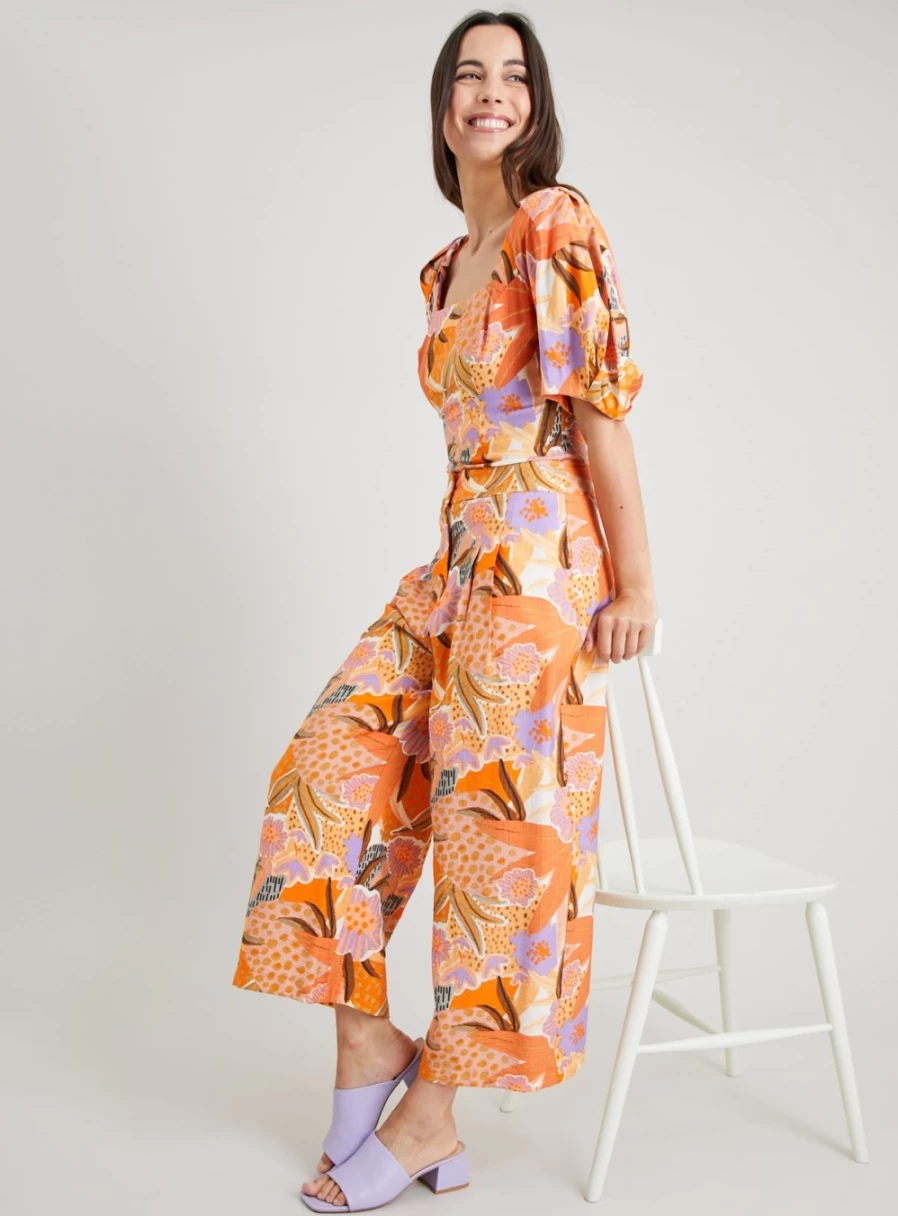 Tu Women's Orange Floral Print Wide Leg Cropped Pants - Size 10L Casual High Waist Trousers