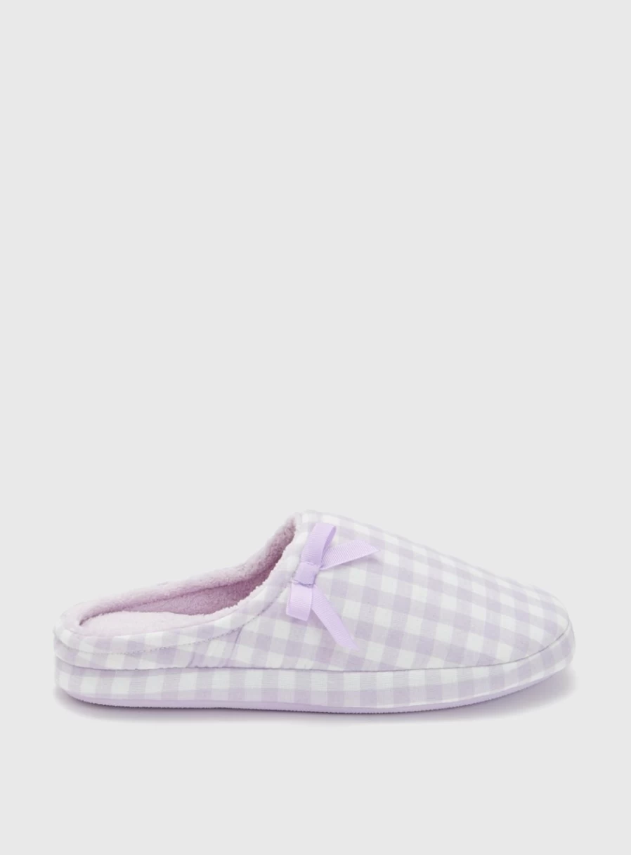Tu Women's Lilac Gingham Mule Slippers - Soft Comfort Slides for Indoor Outdoor