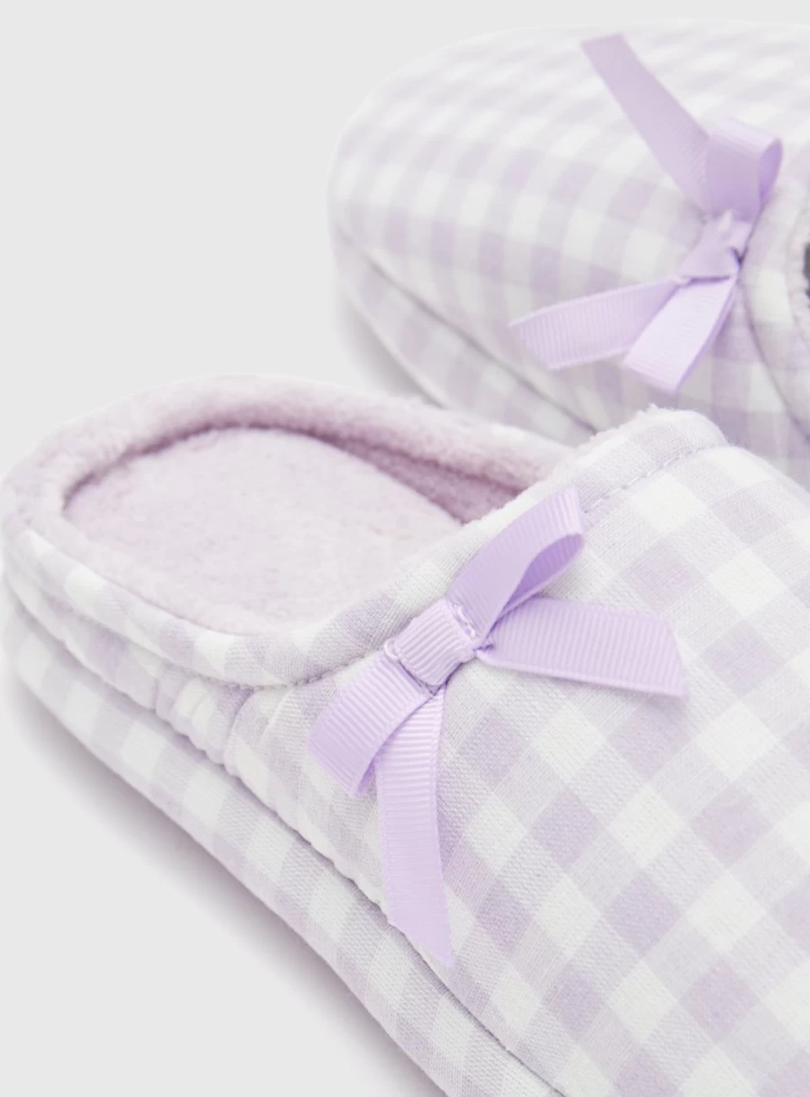Tu Women's Lilac Gingham Mule Slippers - Soft Comfort Slides for Indoor Outdoor