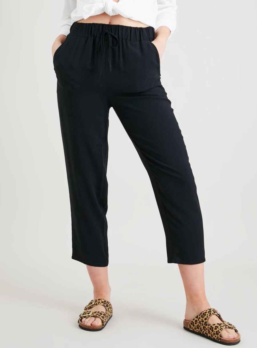"TU Women's Black Cropped Drapey Trousers - High Waist Wide Leg Casual Pants"