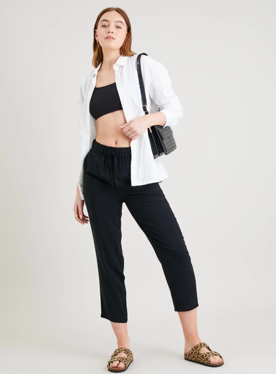 "TU Women's Black Cropped Drapey Trousers - High Waist Wide Leg Casual Pants"