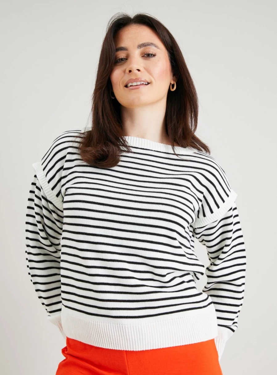 Tu Women's Cream & Navy Striped Frill Sleeve Knit Jumper - Casual Chic Sweater