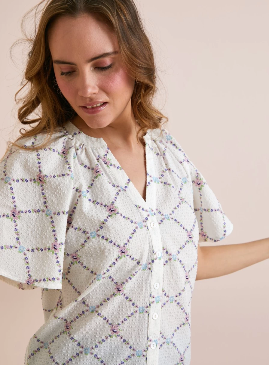 Everbelle Women's Floral Check Pattern Blouse - Stylish Casual Top for Women