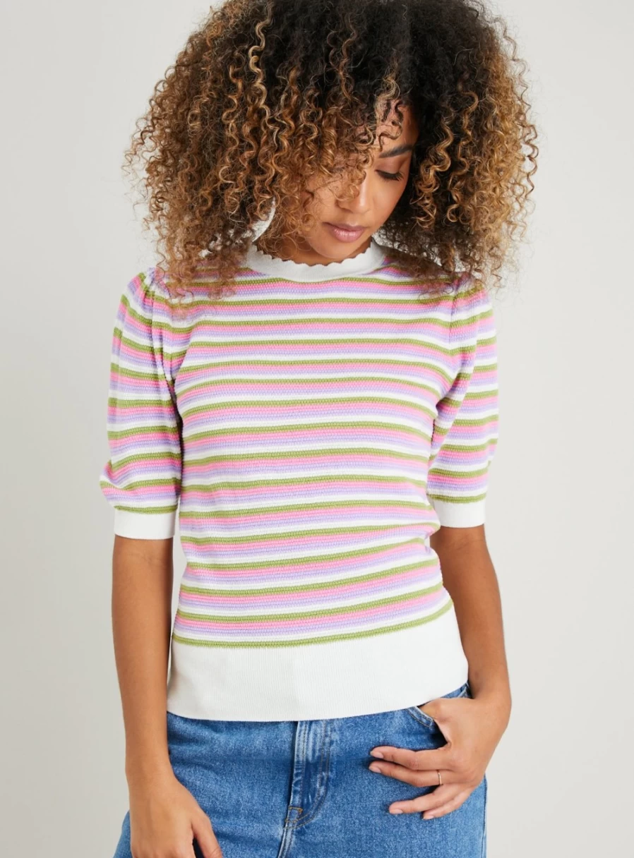 Tu Women's Pastel Striped Scalloped Hem Textured Knit Top - Soft Yarn Casual Blouse