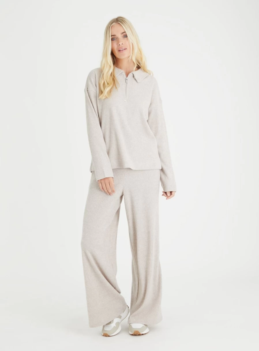 "Tu Women's Neutral Ribbed Wide Leg Trousers - Soft Touch Comfort"