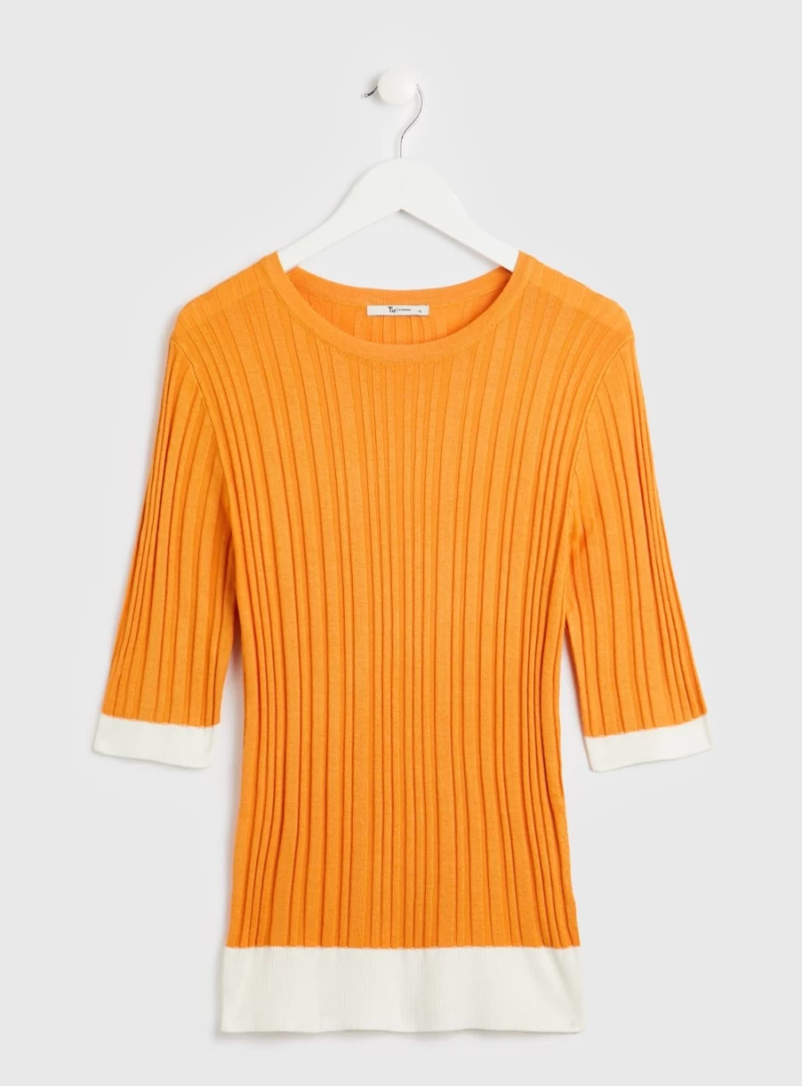 "Tu Women's Orange Ribbed T-Shirt - Slim Fit Casual Short Sleeve Top"