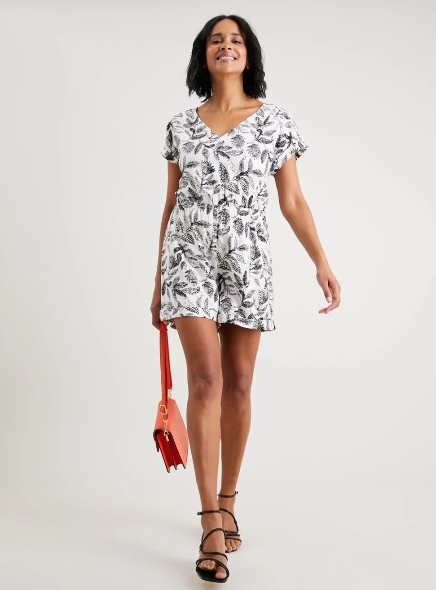 Tu Women's Mono Dotted Leaf Print Playsuit - Casual Summer Jumpsuit with Short Sleeves