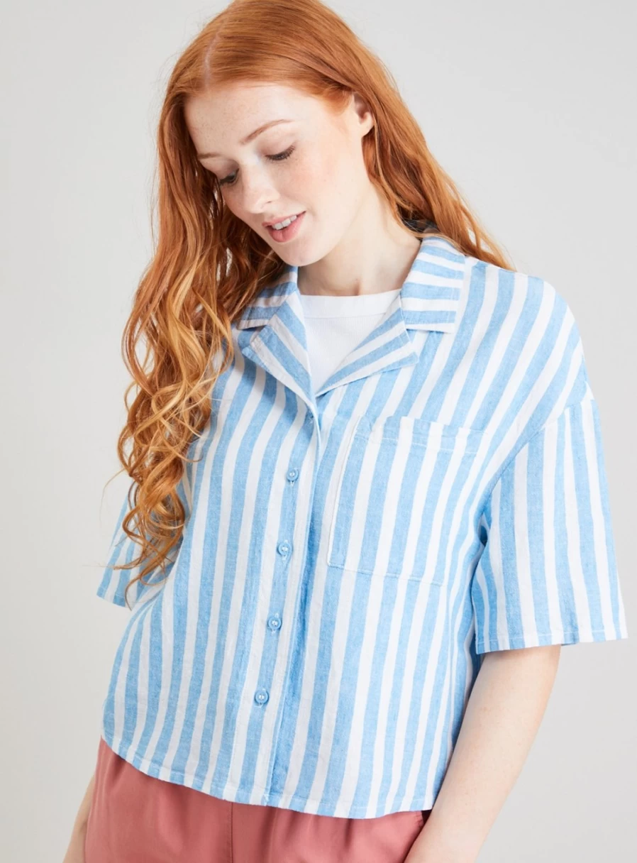 Tu Women's Blue Stripe Linen Boxy Fit Shirt - Casual Relaxed Style Size 12