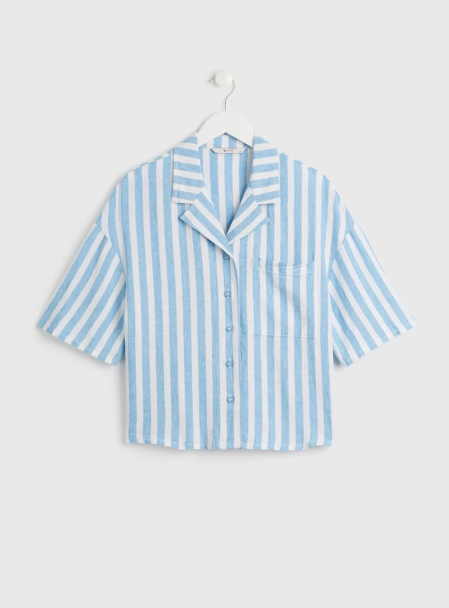 Tu Women's Blue Stripe Linen Boxy Fit Shirt - Casual Relaxed Style Size 12