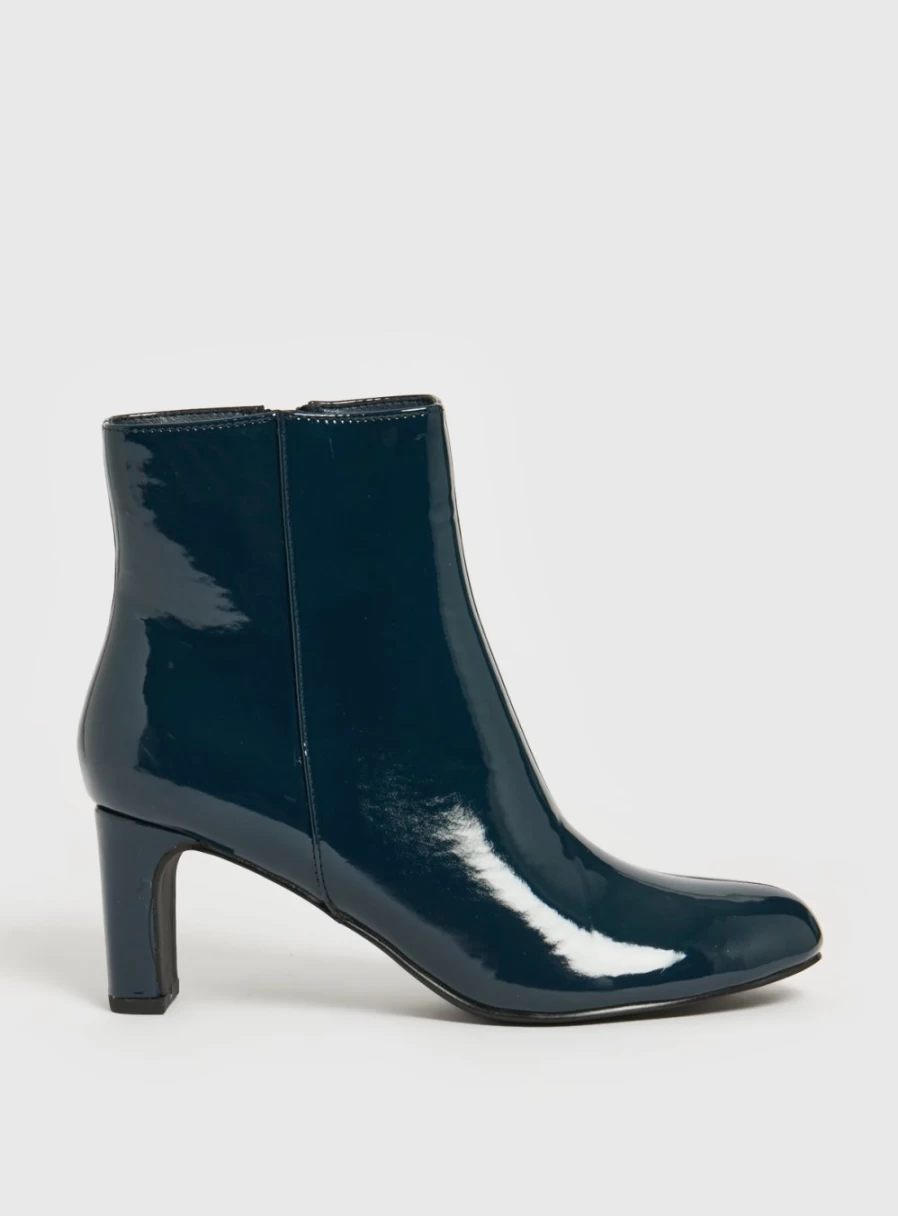 Tu Women's Navy Blue Faux Patent Leather Heeled Boots - Size 8 Chunky Heel Ankle Booties