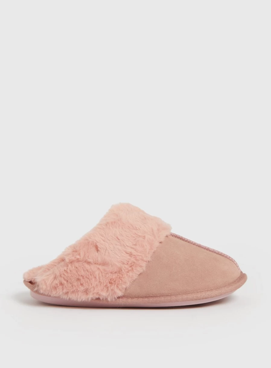 "Totes Women's Pink Suede Mule Slippers with Faux Fur - Cozy House Shoes"