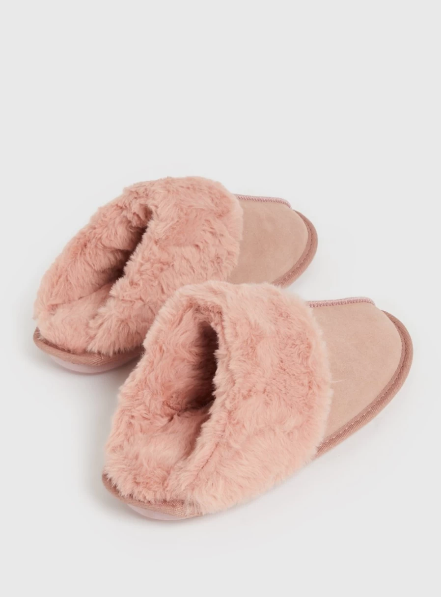 "Totes Women's Pink Suede Mule Slippers with Faux Fur - Cozy House Shoes"