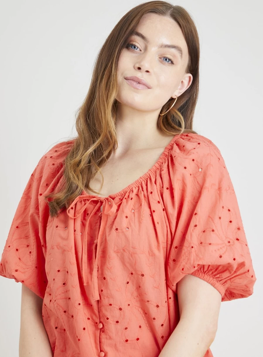 Tu Women's Coral Embroidered Puff Sleeve Blouse & Skirt Coord Set - Floral Lace Top