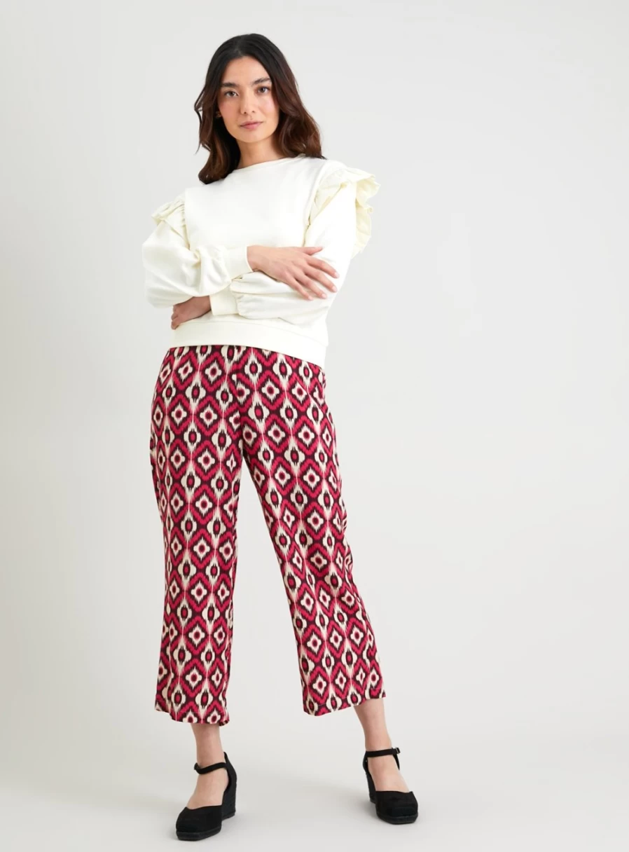 "Tu Women's Pink Ikat Print Cropped Wide Leg Pants - Boho Chic High Waisted Trousers for Women"