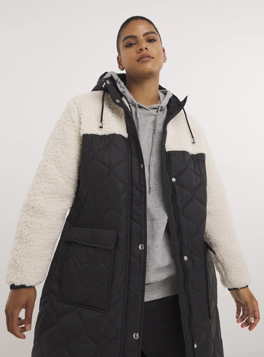 Simply Be Women's Black Quilted Shearling Hooded Long Maxi Coat - Size 10
