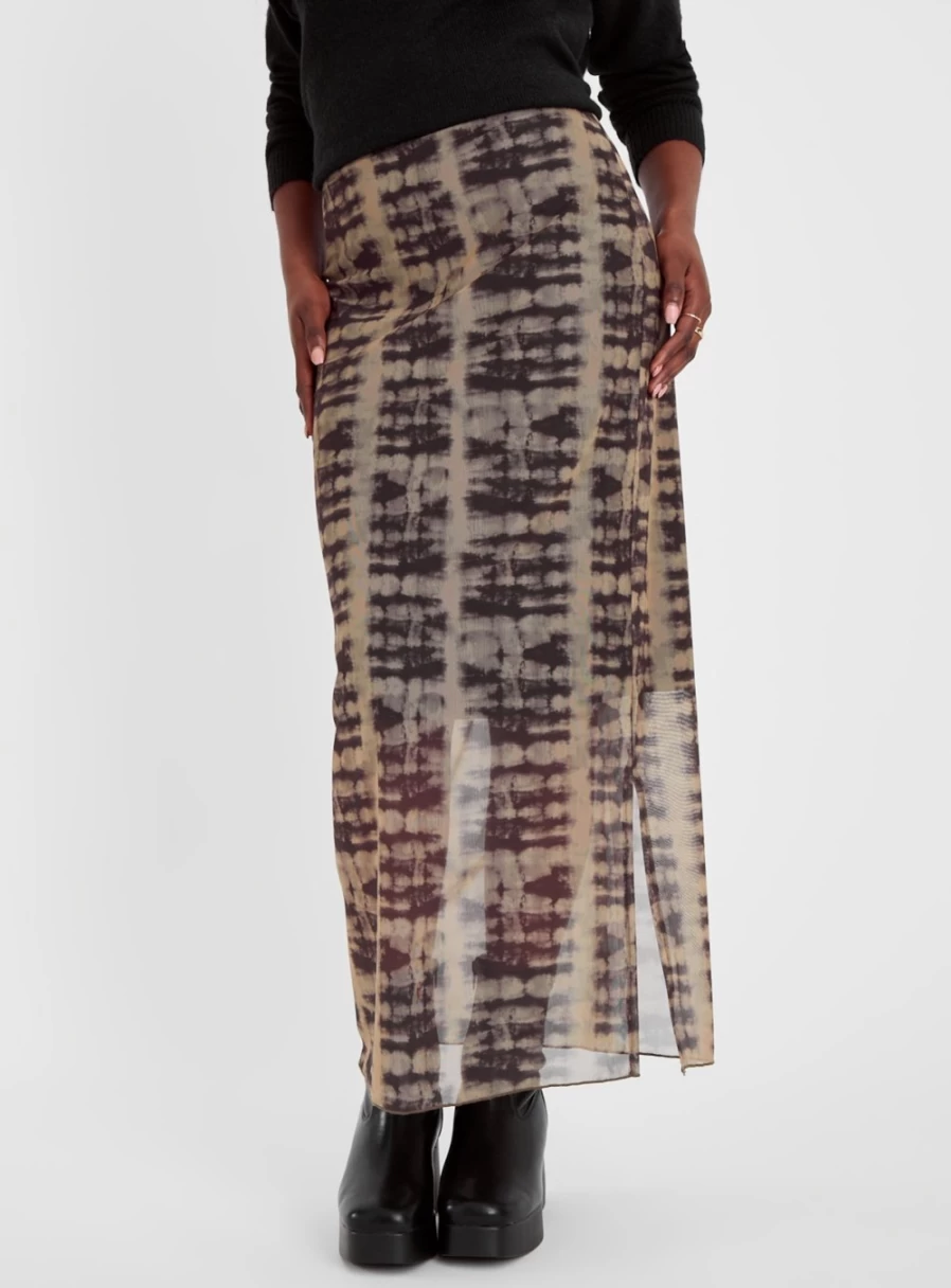 "Tu Women's Khaki Abstract Print Mesh Maxi Skirt - Size 14, Elegant Long Flowy Skirt"
