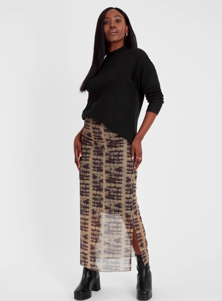 "Tu Women's Khaki Abstract Print Mesh Maxi Skirt - Size 14, Elegant Long Flowy Skirt"