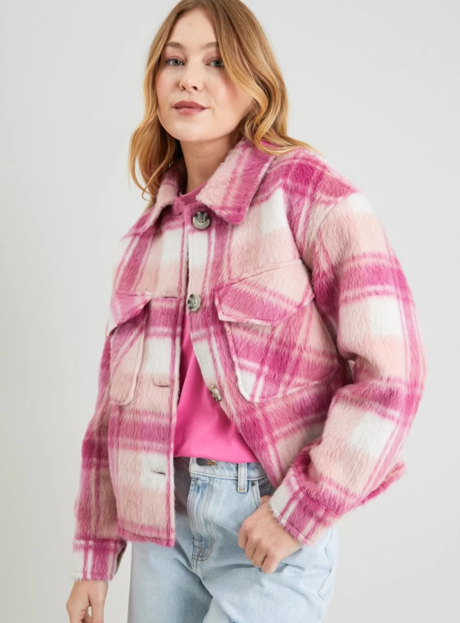 "Tu Women's Pink Checkered Cropped Shacket - Box Fit, Size 8"