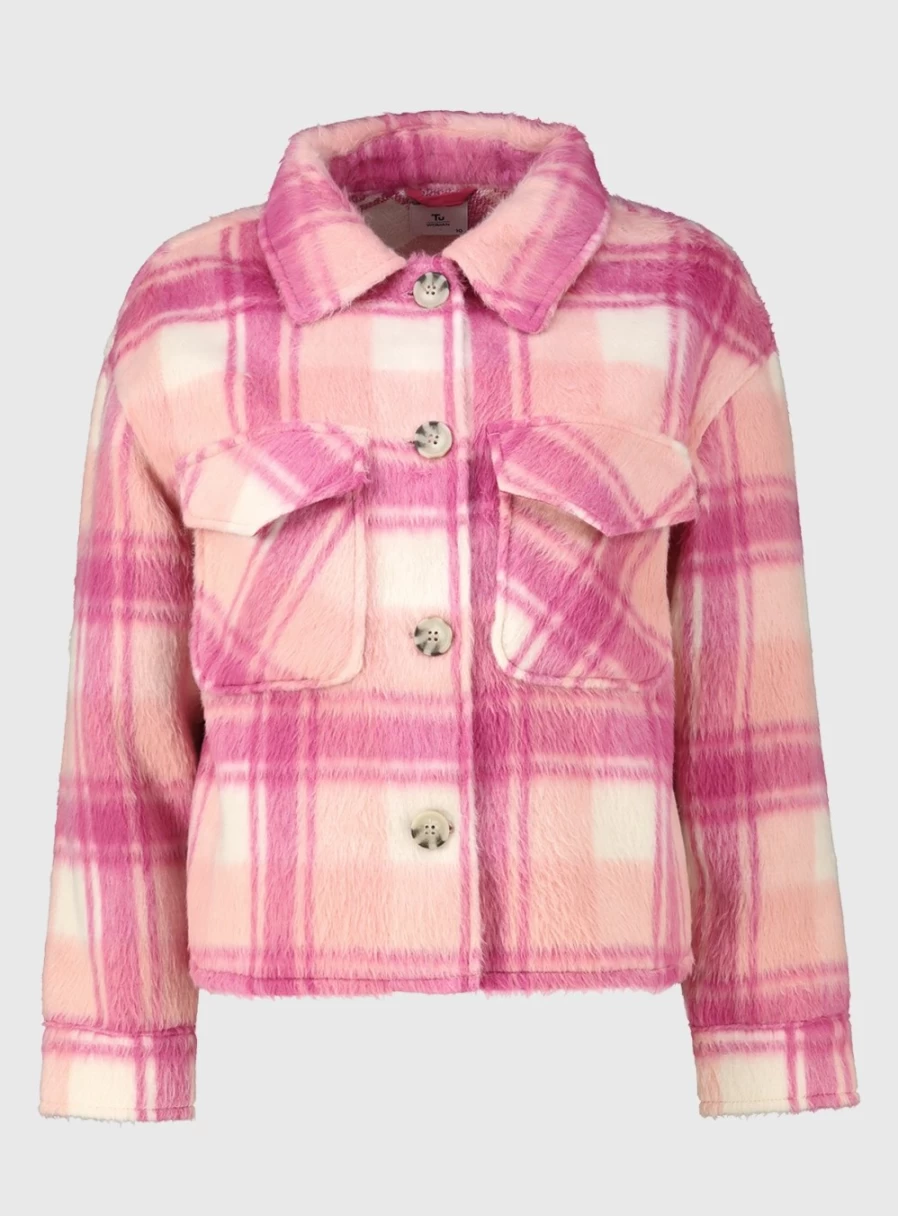 "Tu Women's Pink Checkered Cropped Shacket - Box Fit, Size 8"