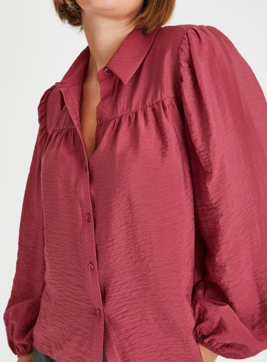 Tu Women's Dark Pink Puff Sleeve Blouse - Romantic Ruffle Top for Casual Wear