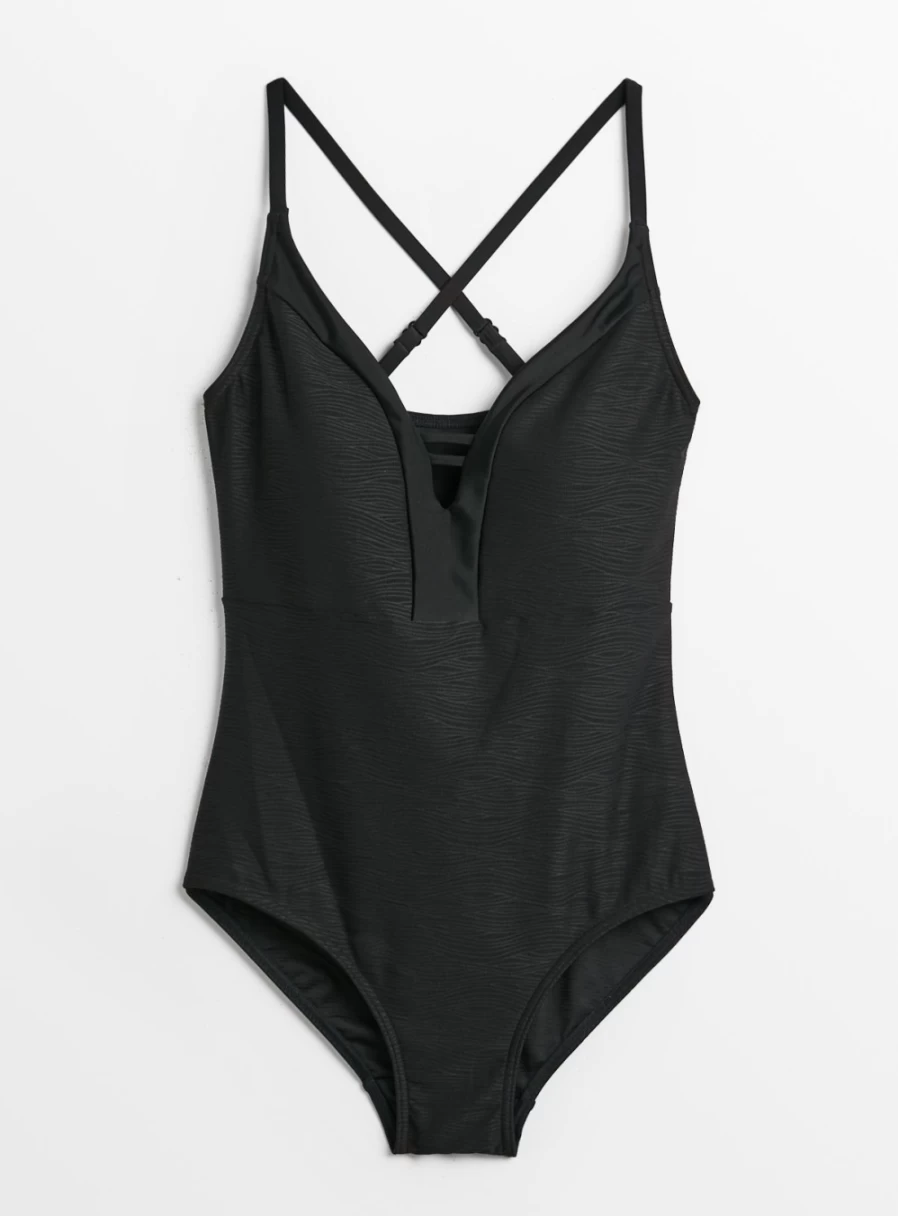 Tu Women's Black Plunge Textured One-Piece Swimsuit - Sexy High-Cut Bathing Suit
