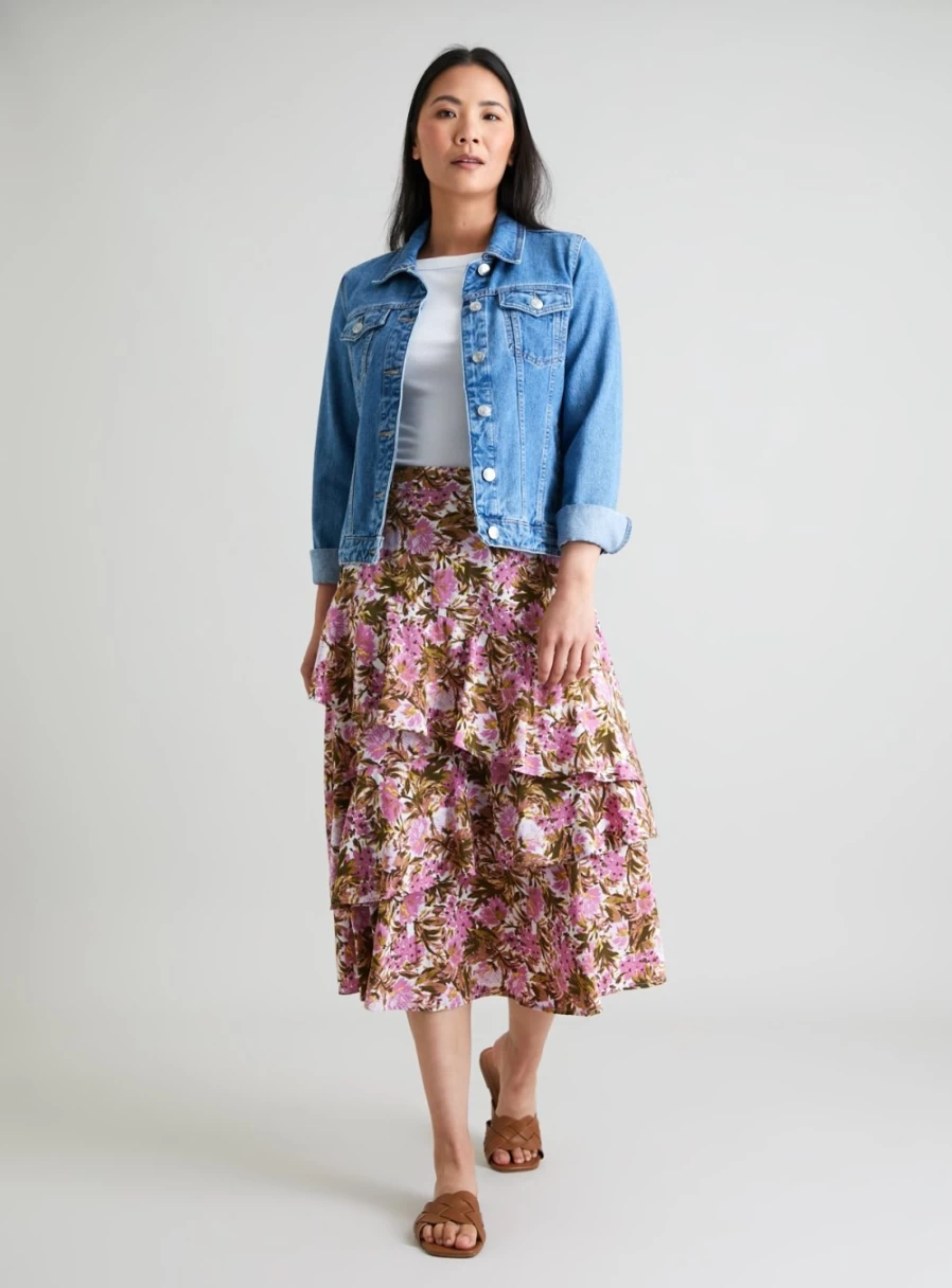 Tu Women's Prairie Floral Ruffle Trim Midi Skirt - Boho Chic Flowy Summer Dress