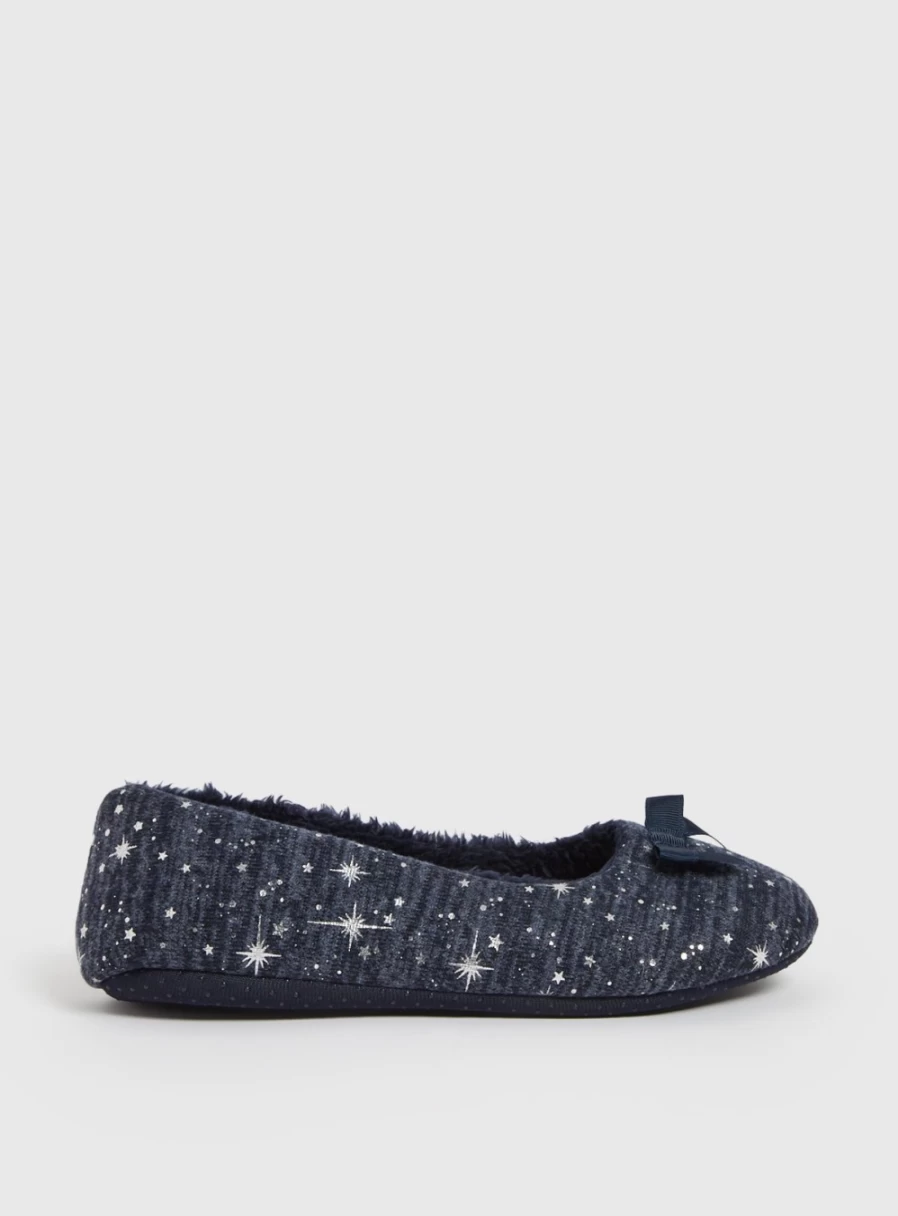 Tu Women's Navy Foil Star Ballet Flat Slippers - Comfortable Ballerina Shoes for Women