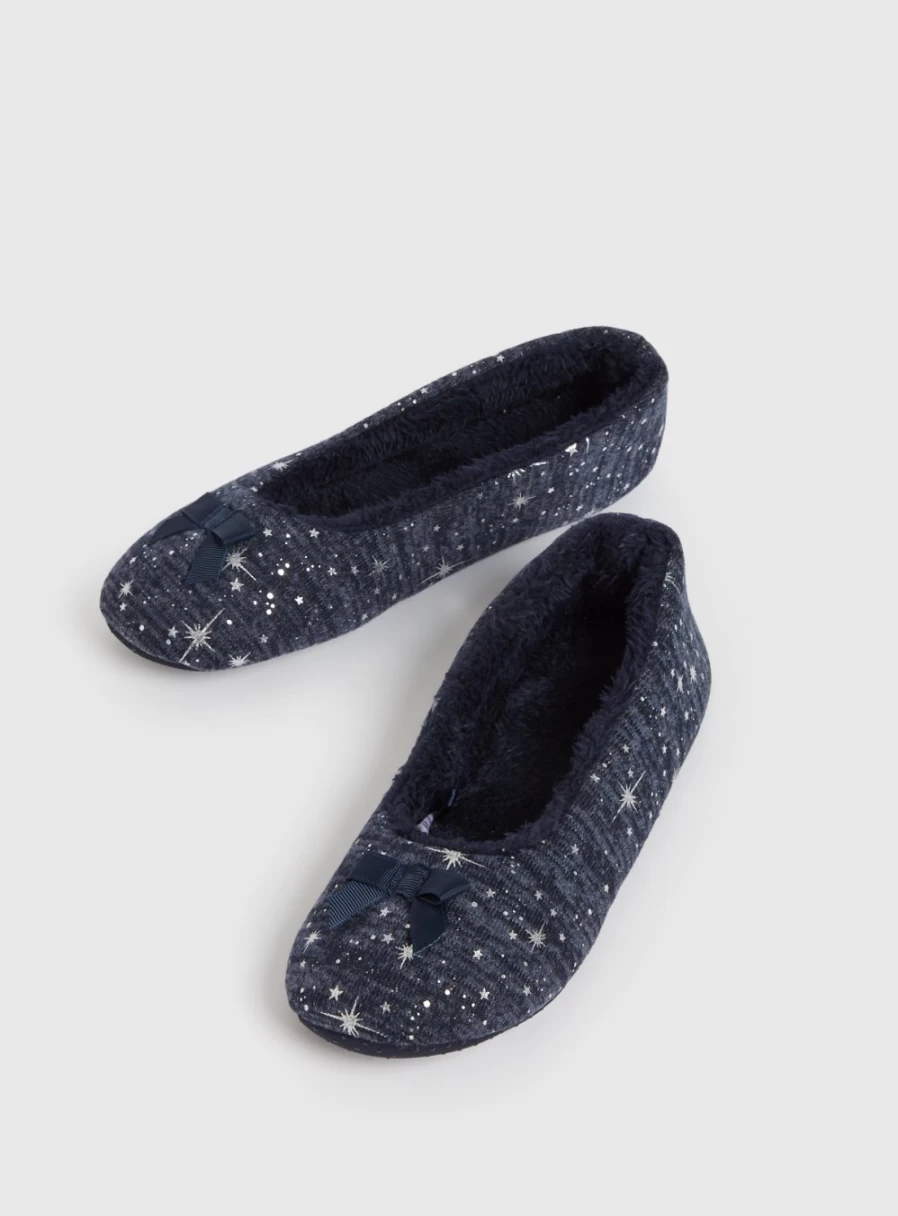 Tu Women's Navy Foil Star Ballet Flat Slippers - Comfortable Ballerina Shoes for Women