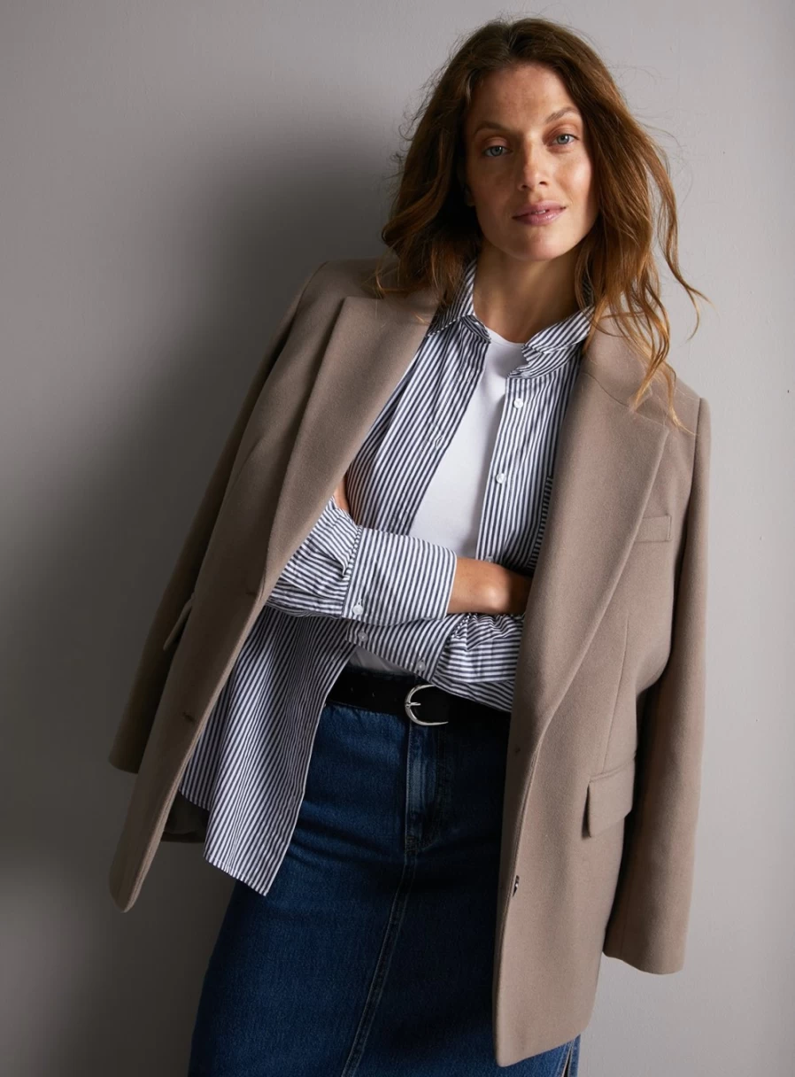 Women's Grey Relaxed Fit Blazer Coat by Tu - Casual Oversized Single-Breasted Jacket for Women