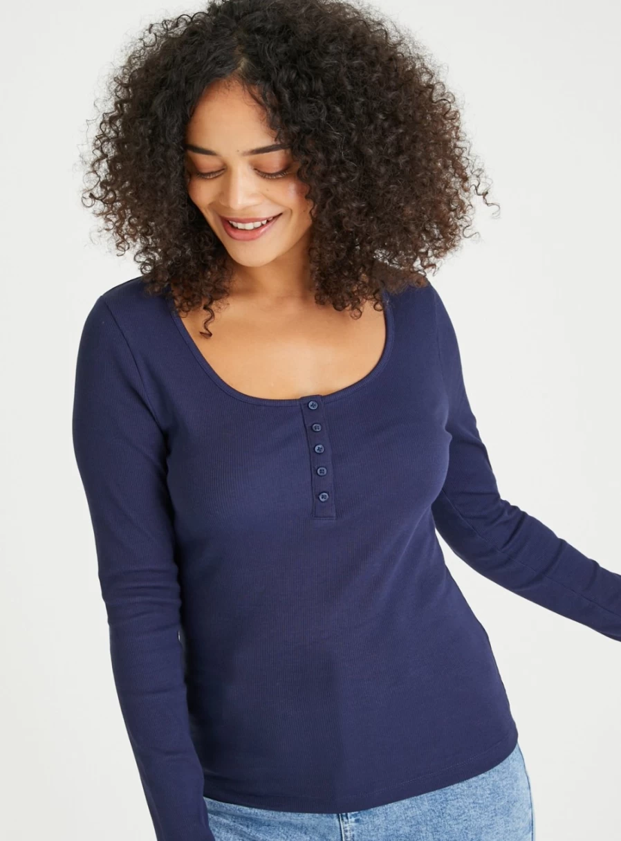 Tu Women's Navy Henley Long Sleeve Top - Classic Casual Shirt for Everyday Wear