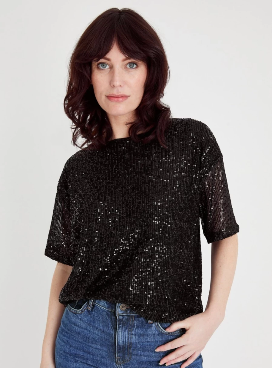 Tu Women's Black Sequin Boxy Fit Top - Glamorous Loose Casual Shirt for Evening Out