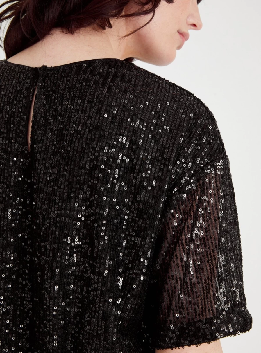 Tu Women's Black Sequin Boxy Fit Top - Glamorous Loose Casual Shirt for Evening Out