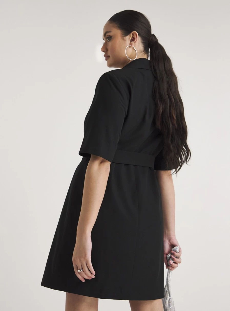 Simply Be Women's Black Belted Woven Dress - Size 28 Elegant Casual Wear