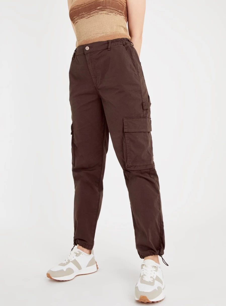 Women's Brown Cargo Parachute Pants by Tu - High Waist Utility Trousers Size 12