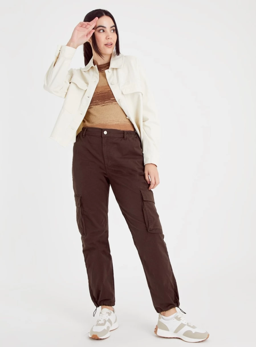 Women's Brown Cargo Parachute Pants by Tu - High Waist Utility Trousers Size 12