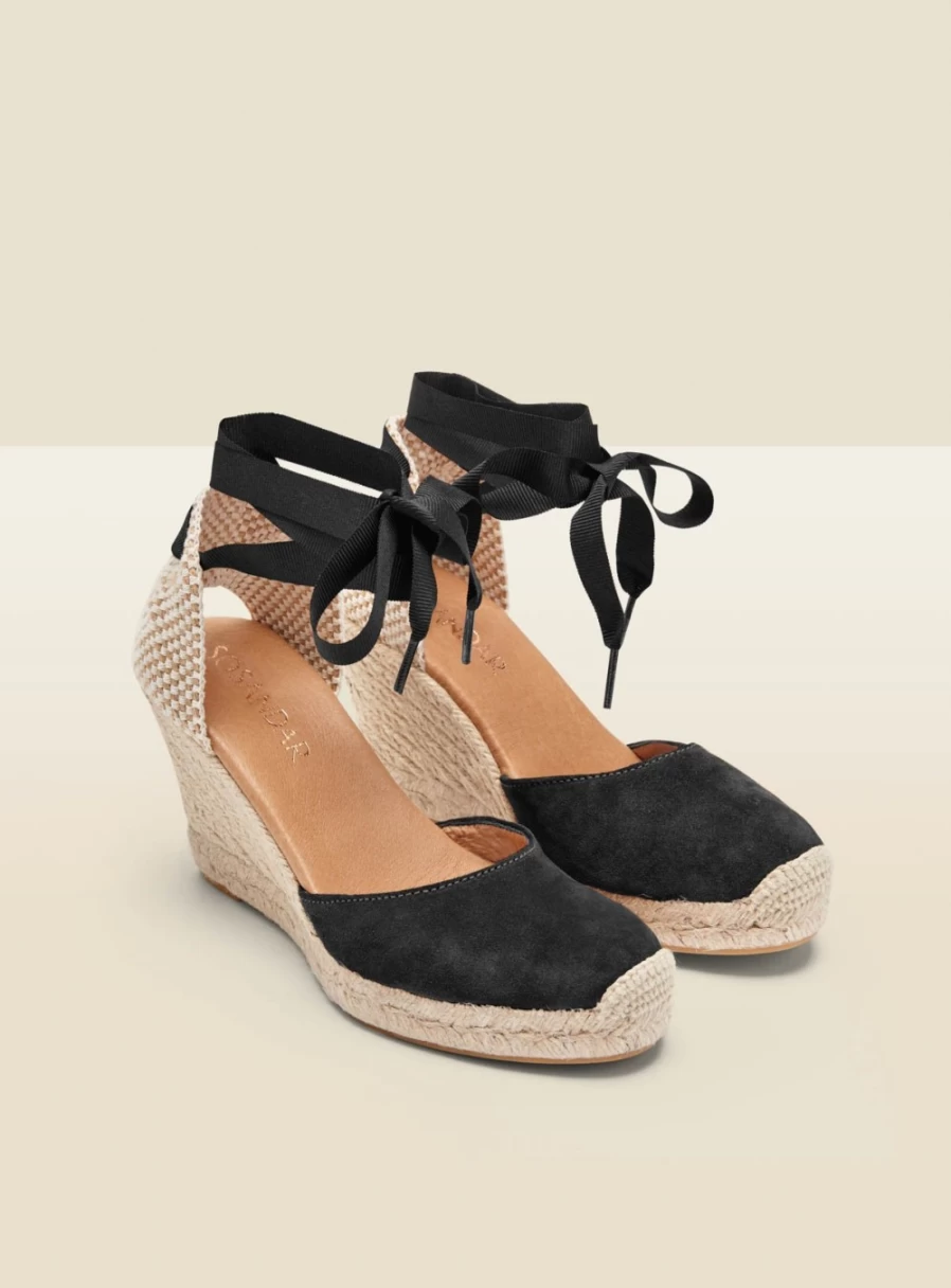 Sosandar Women's Black Perla Suede Valenciana Wedge Espadrille Shoes Size 5
