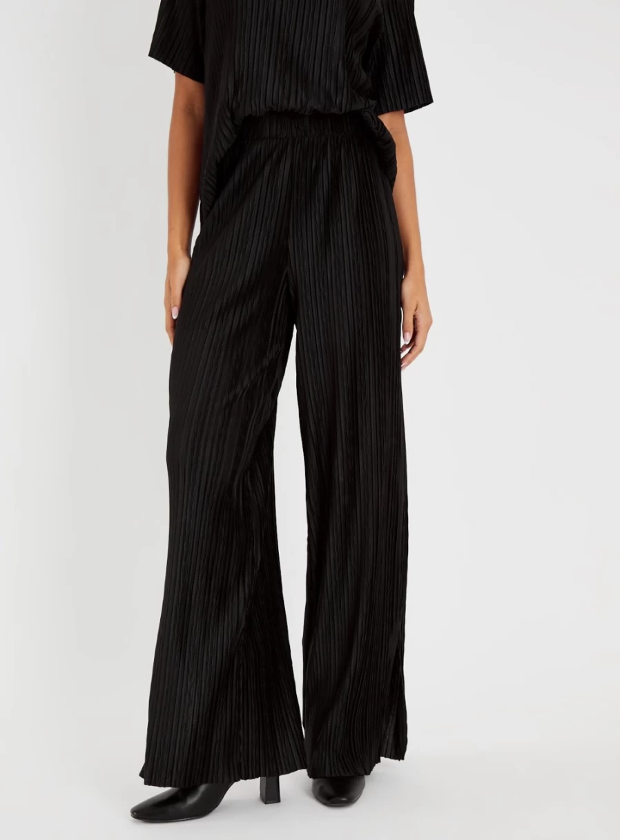 Tu Women's Black Textured High-Waist Palazzo Pants 12R - Wide Leg Trousers for Women