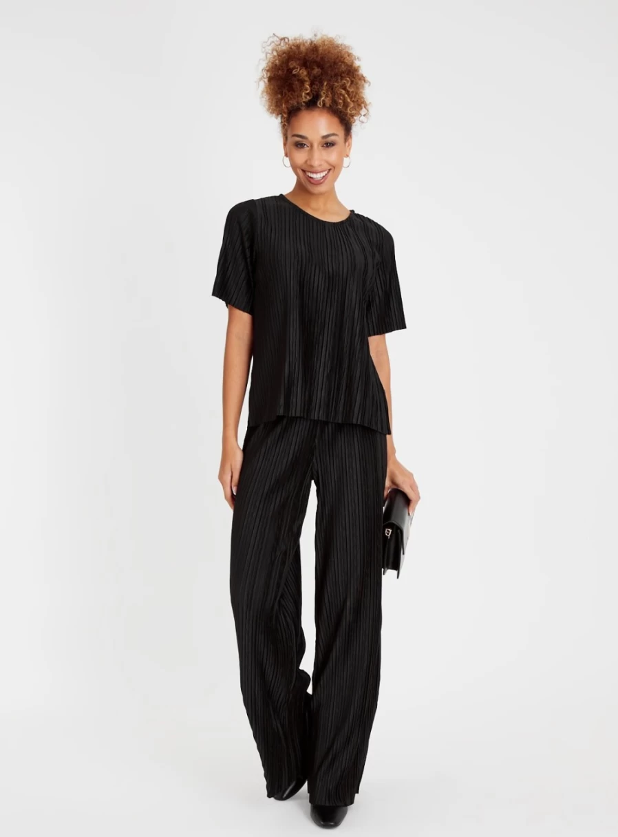 Tu Women's Black Textured High-Waist Palazzo Pants 12R - Wide Leg Trousers for Women