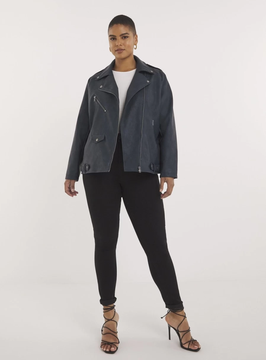 Simply Be Women's Oversized Longline Biker Jacket in Navy PU Leather - Size 16