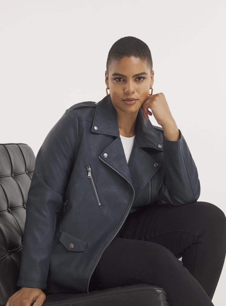 Simply Be Women's Oversized Longline Biker Jacket in Navy PU Leather - Size 16