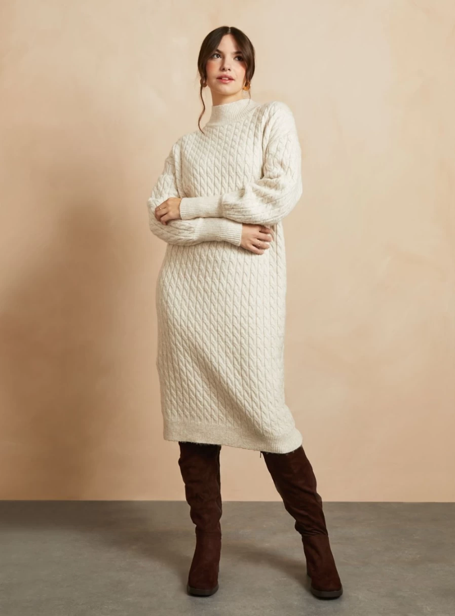Everbelle Women's Cream Cable Knit Jumper Dress S - Soft Chunky Knit Sweater Dress