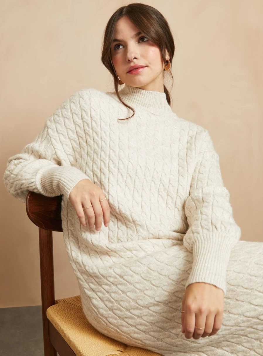 Everbelle Women's Cream Cable Knit Jumper Dress S - Soft Chunky Knit Sweater Dress