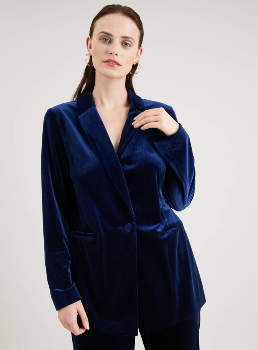 "Tu Women's Navy Velvet Blazer and Skirt Set - Elegant Velvet Coordinated Blazer Outfit 2022"