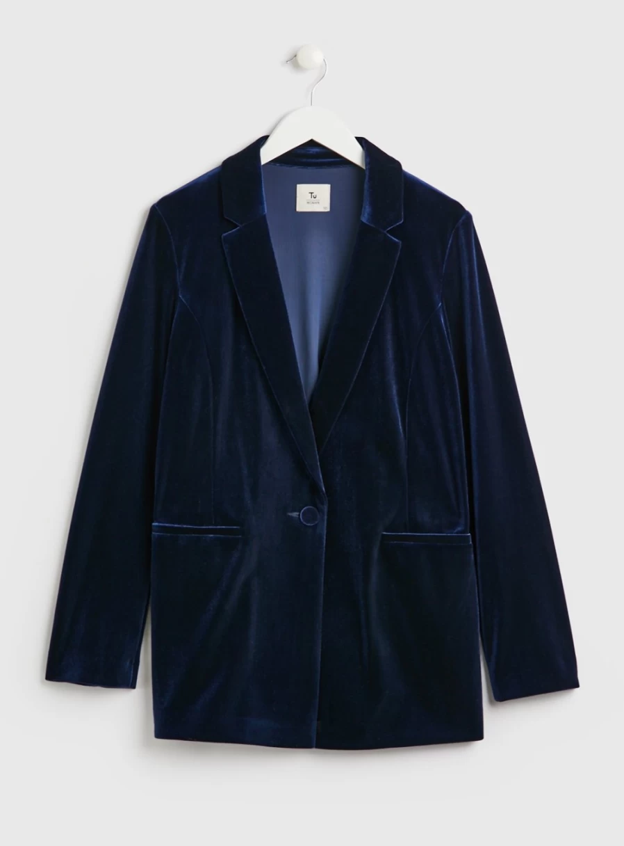 "Tu Women's Navy Velvet Blazer and Skirt Set - Elegant Velvet Coordinated Blazer Outfit 2022"