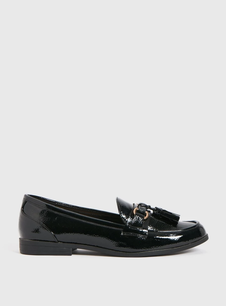 Tu Women's Black Patent Leather Loafers - Snaffle Detail Comfort Slip-On Shoes