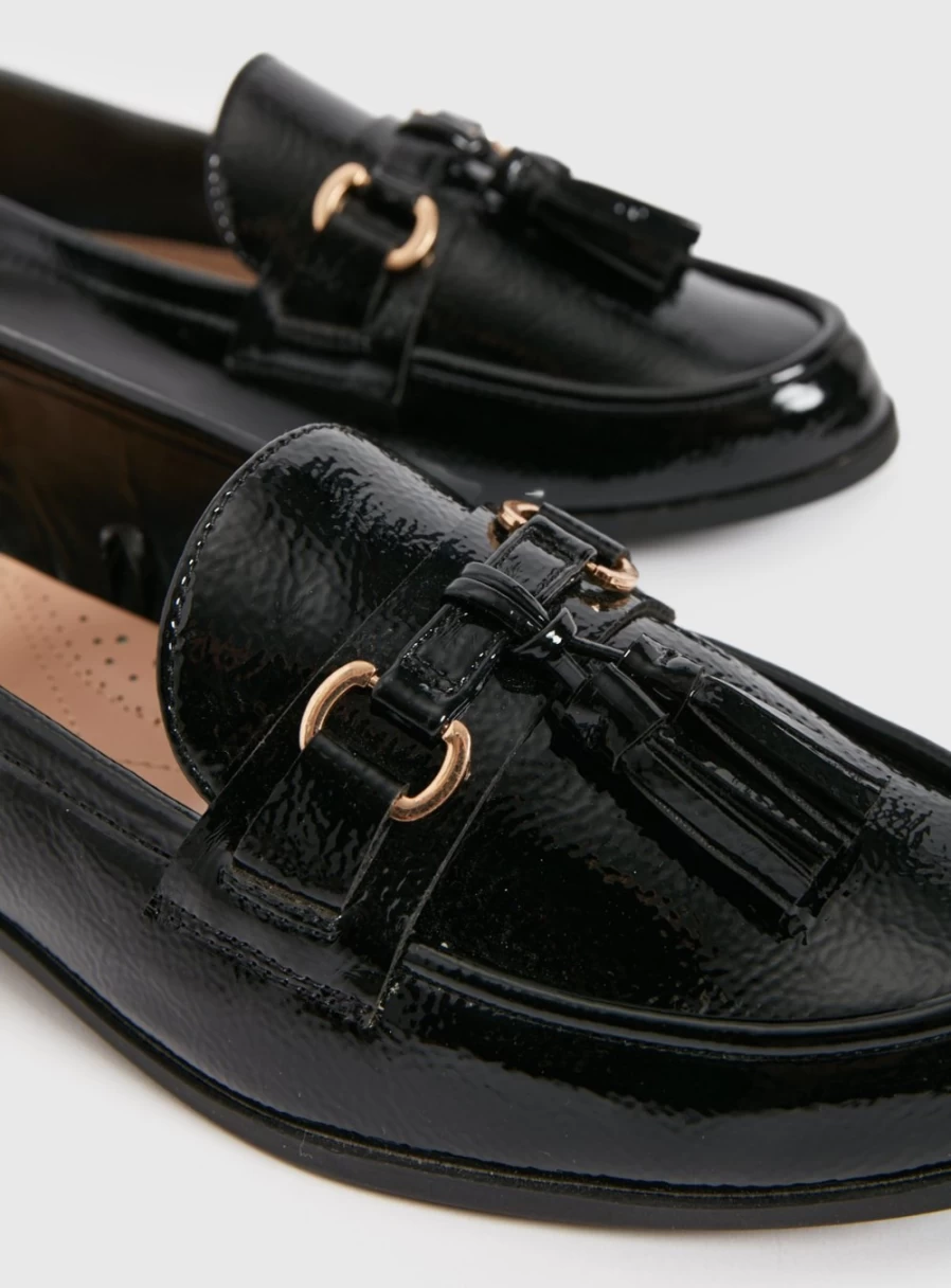 Tu Women's Black Patent Leather Loafers - Snaffle Detail Comfort Slip-On Shoes
