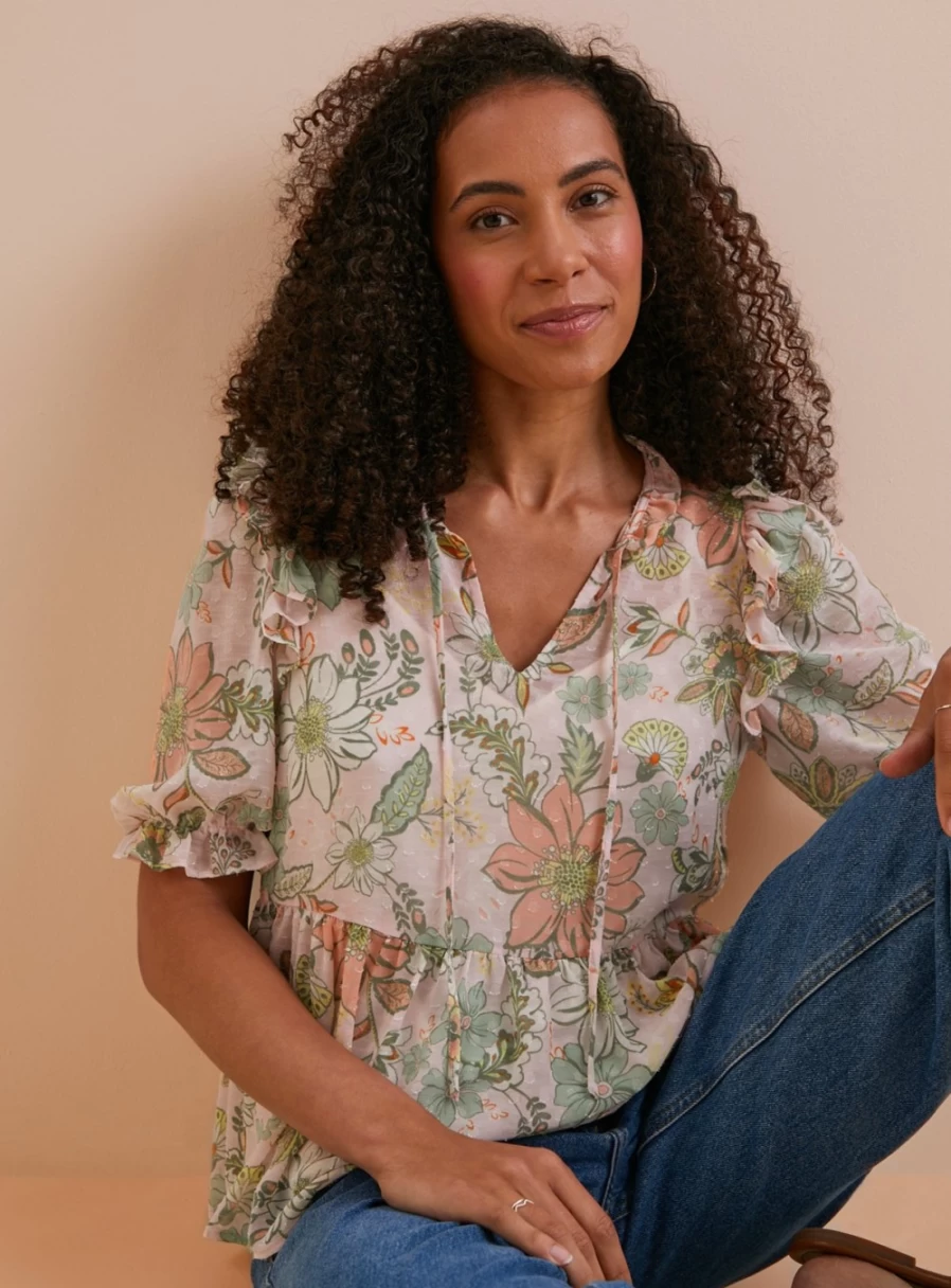Tu Women's Floral Dobby Chiffon Blouse with Frill Details - Size 16