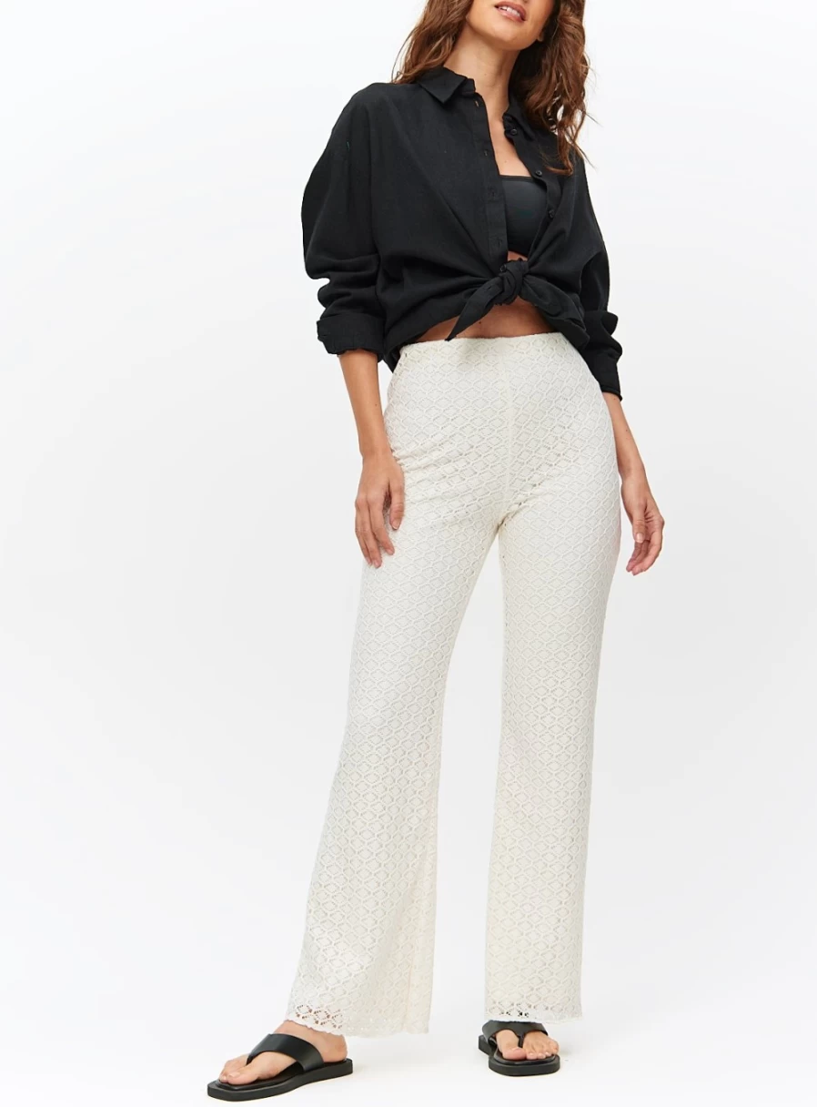 Tu Women's White Crochet Kick Flare Bridal Trousers - Elegant Wedding Pants for Bride