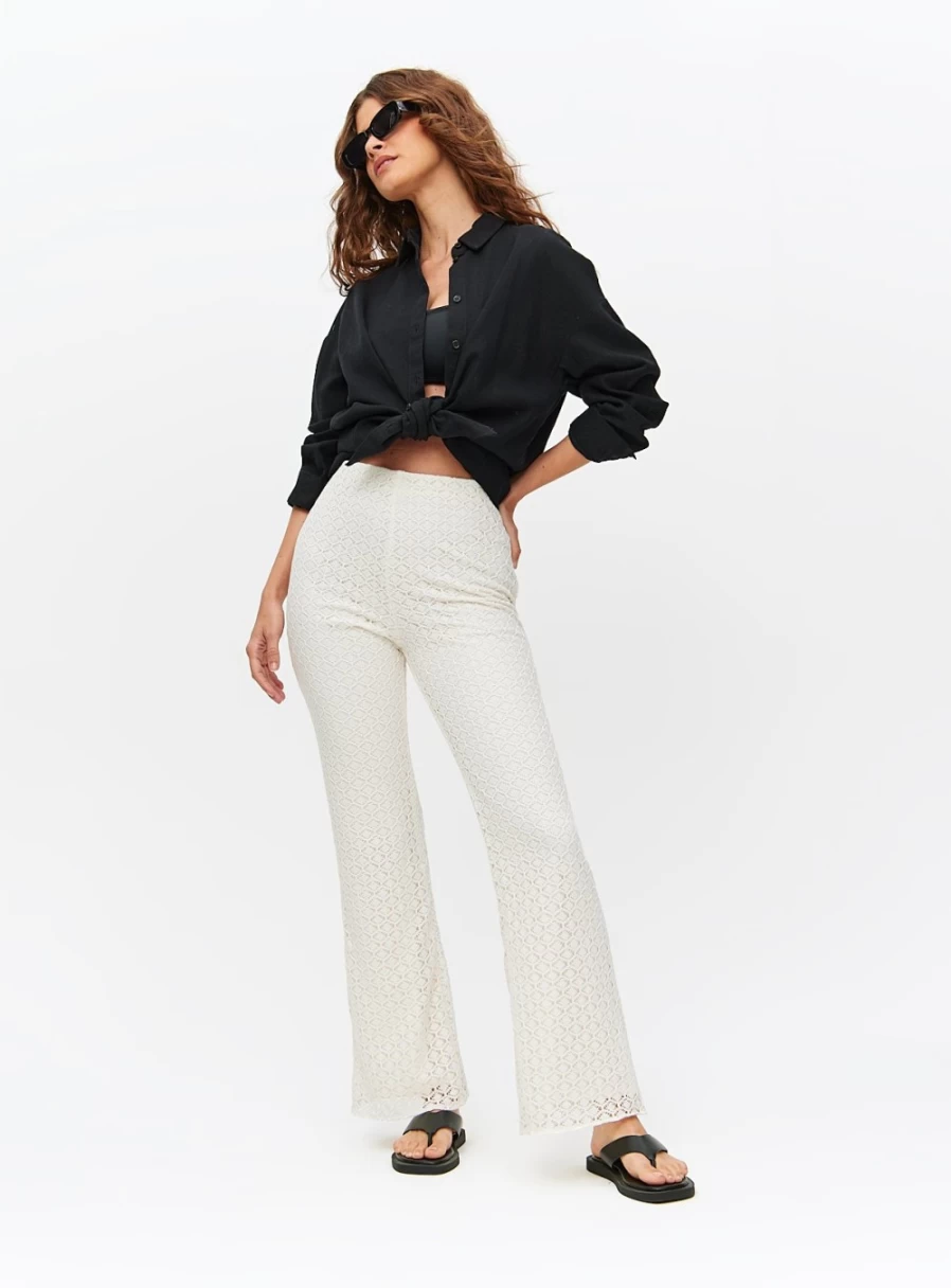 Tu Women's White Crochet Kick Flare Bridal Trousers - Elegant Wedding Pants for Bride