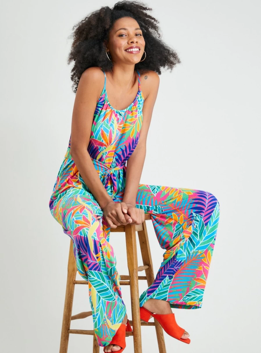 "Tu Women's Tropical Leaf Print Crinkle Jumpsuit - Stylish Summer Romper"